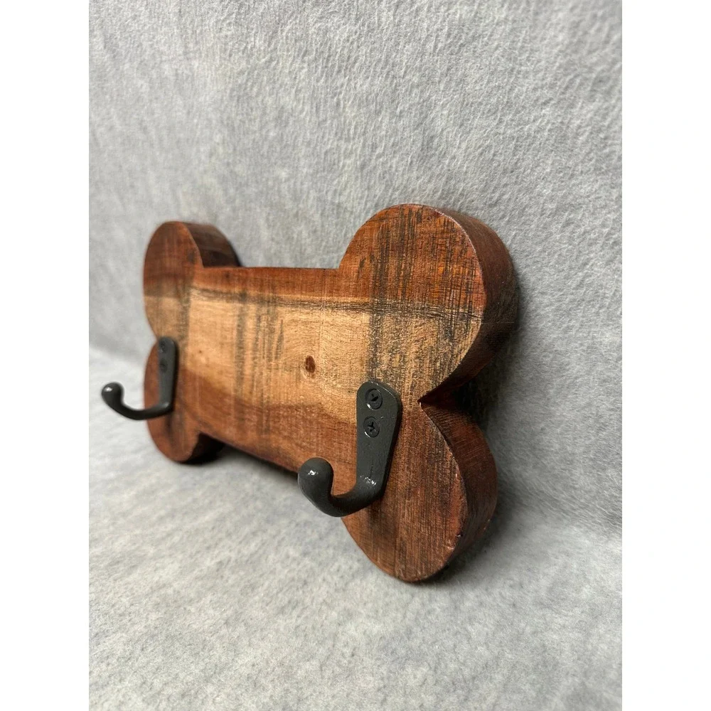 Dog Bone Wall Hook Rack Brown Wood 2-Hook Leash Key Holder Rustic